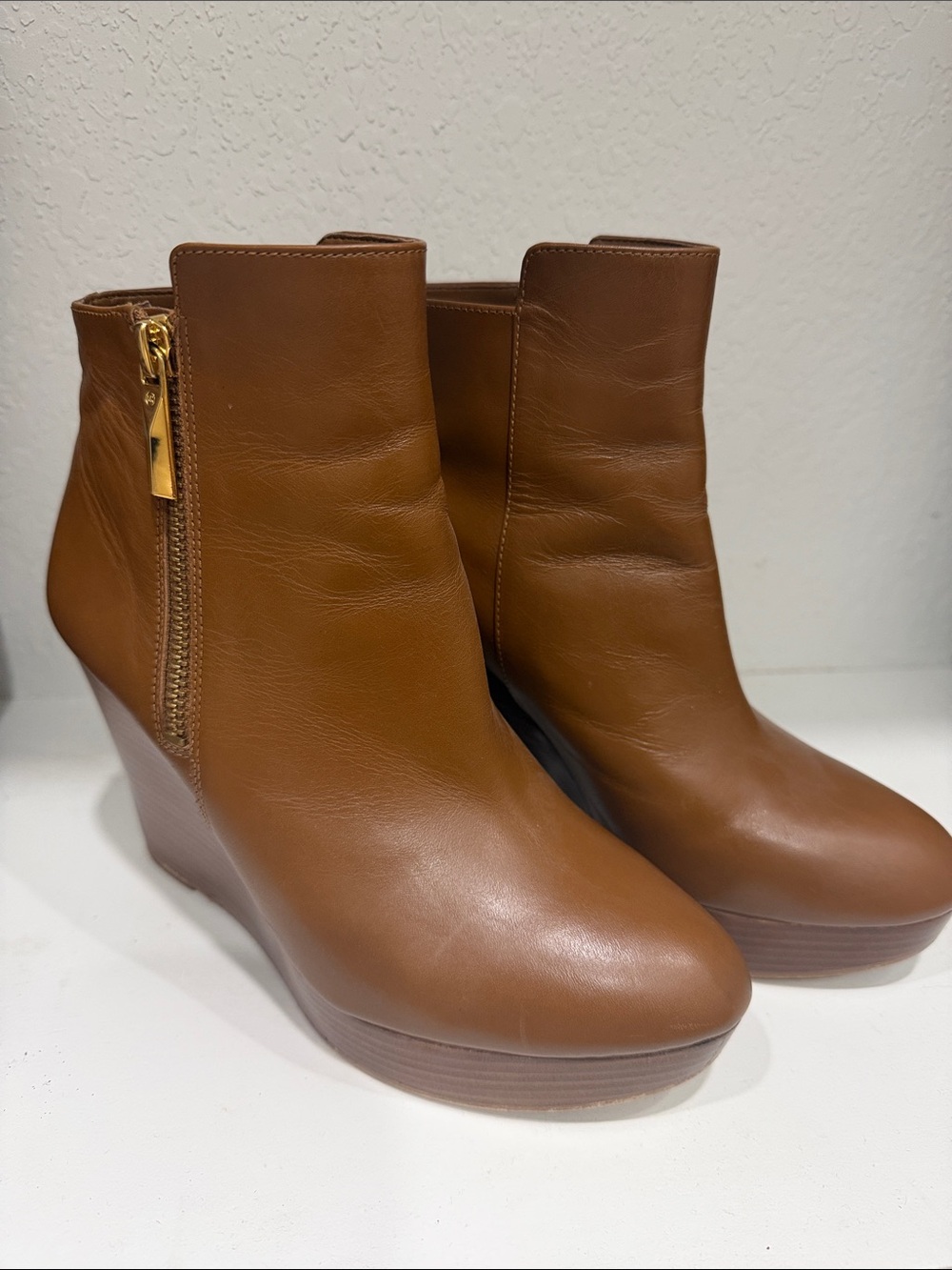 Michael Kors Tan Leather Wedge Ankle Booties with Gold Zip